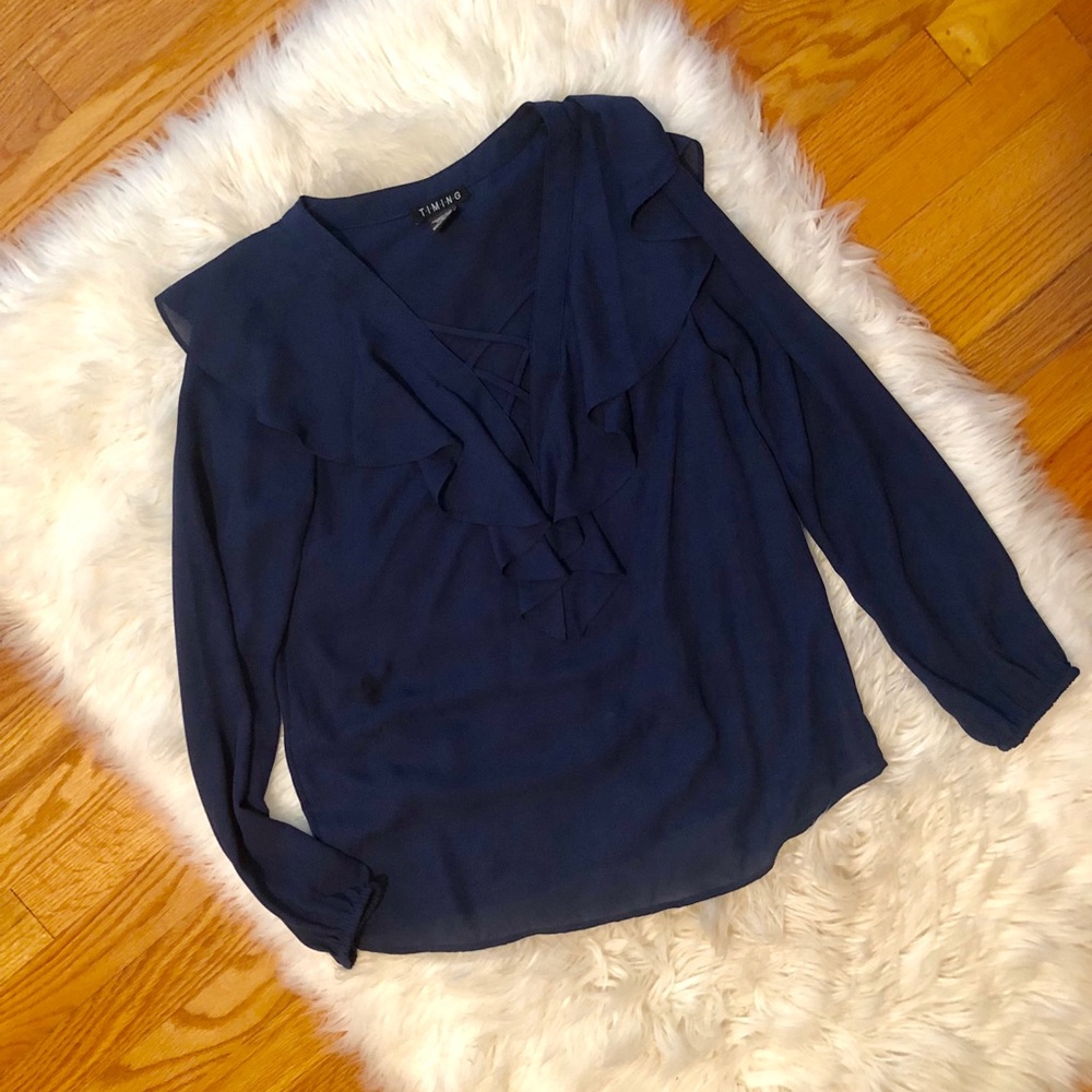 NWOT deep v lace up long sleeve chiffon top